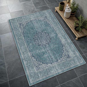 Traditional Pastel Blue Medallion Rug, Distressed Cream Oriental Area Rug, Classic Floral, Soft Tone Turquoise