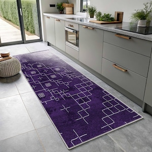 Royal Purple Runner Rug: Distressed Geometric Scandi Boho Style