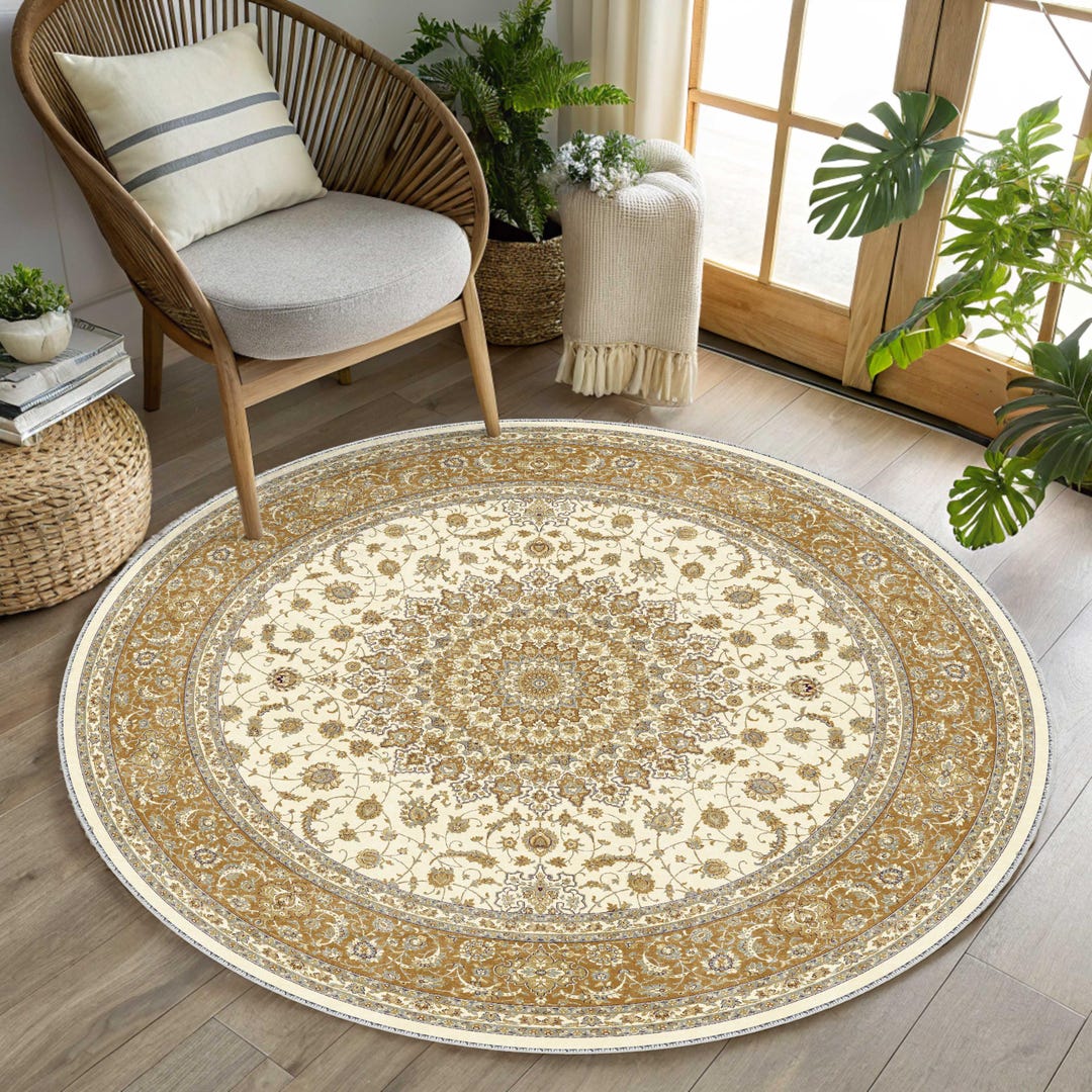 Round Turkish Floral Rug, Circle Cream Caramel, Oriental Medallion ...