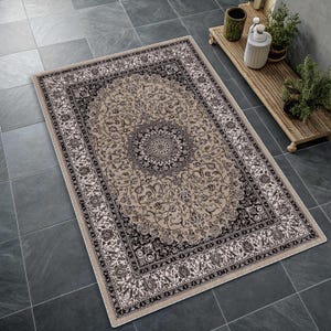 Traditional Pastel Blue Medallion Rug, Distressed Cream Oriental Area Rug, Classic Floral, Soft Tone Brown