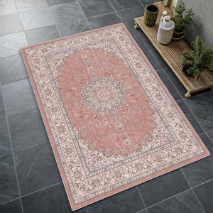 Traditional Pastel Blue Medallion Rug, Distressed Cream Oriental Area Rug, Classic Floral, Soft Tone Coral