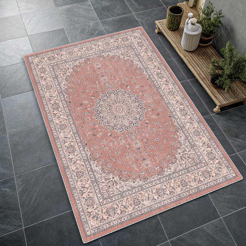 Traditional Pastel Blue Medallion Rug, Distressed Cream Oriental Area Rug, Classic Floral, Soft Tone Coral