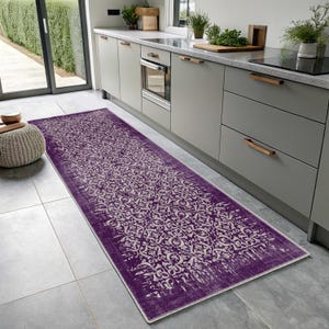 Tapis de course turc violet, tapis oriental de style vintage, bohème en détresse, ornement artistique, antidérapant lavable