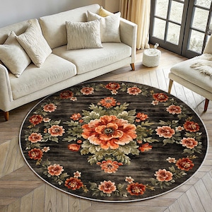 Round Karabagh Rug, Traditional Floral Rug, Circle Bessarabian, Medallion Caucasian, Black Dark Ground, Vintage Rose, Colorful Boho Carpet
