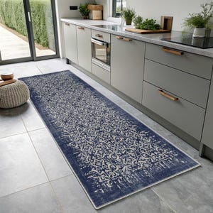 Navy Damask Runner Rug, Antique Oriental Rug, Midnight Blue Ivory, Bohemian Runner Rug For Kitchen, Turkish Ornamental, Non slip Washable