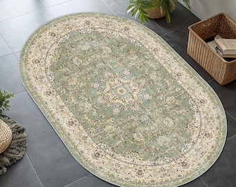 Tapete oval turco em tons de cáqui e creme, tapete floral antigo, estilo decorativo chique, estilo boho vintage verde militar.