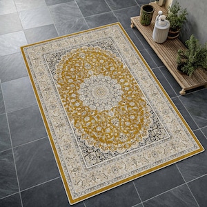 Traditional Pastel Blue Medallion Rug, Distressed Cream Oriental Area Rug, Classic Floral, Soft Tone Mustard Yellow