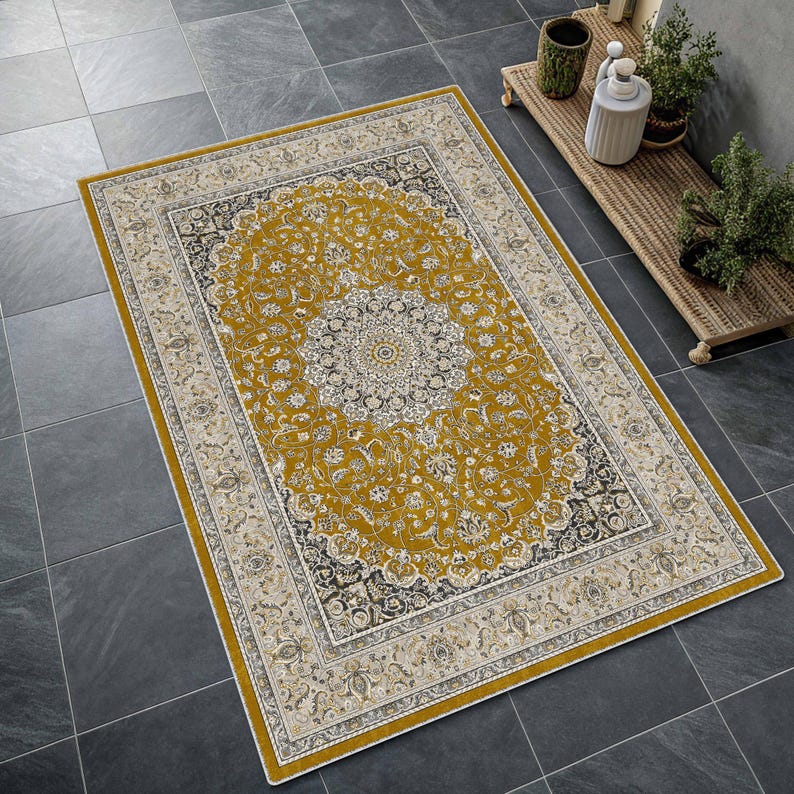 Traditional Pastel Blue Medallion Rug, Distressed Cream Oriental Area Rug, Classic Floral, Soft Tone Mustard Yellow