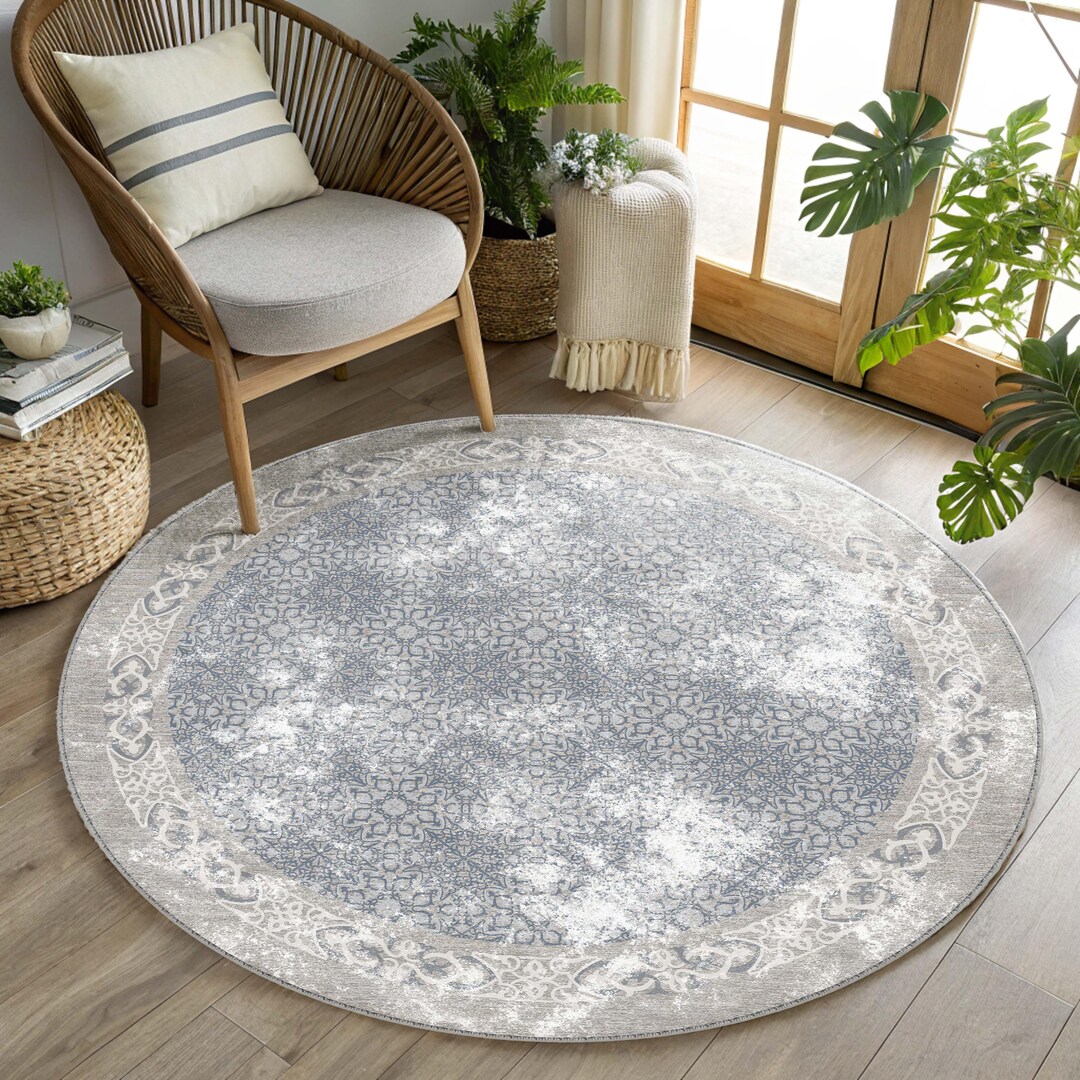 Gray Traditional Round Distressed Rug, Vintage Turkish Rug, Bohemian ...