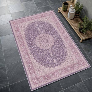 Traditional Pastel Blue Medallion Rug, Distressed Cream Oriental Area Rug, Classic Floral, Soft Tone Pink