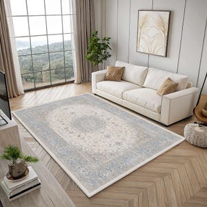 Traditional Pastel Blue Medallion Rug, Distressed Cream Oriental Area Rug, Classic Floral, Soft Tone image 3