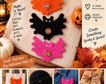 Halloween Bat Crochet Applique Pattern PDF, Easy Tutorial