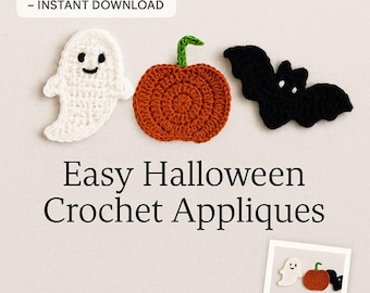 May include: A digital PDF pattern for easy Halloween crochet appliques. The image features a white ghost, an orange pumpkin, and a black bat. The text "Easy Halloween Crochet Appliques" is displayed below the appliques.