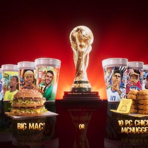Op de afbeelding: Een gouden FIFA World Cup-trofee staat centraal tussen twee rijen kleurrijke bekers met portretten van voetballers. Links staat een Big Mac-burger en rechts een stapel van 10 Chicken McNuggets met een klein geel sausbakje.
