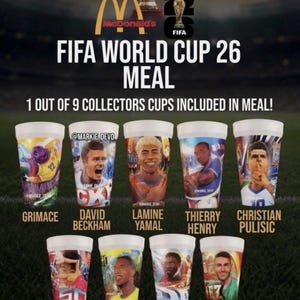 以下が含まれることがあります： マクドナルドのFIFAワールドカップ26ミールプロモーション画像。9種類のコレクターズカップが並んでいます。各カップには、グリムス、デビッド・ベッカム、ラミン・ヤマル、ティエリ・アンリ、クリスチャン・プリシッチ、ソン・フンミン、ロナウジーニョ・ガウチョ、アルフォンソ・デイヴィス、サンティアゴ・ヒメネスといった選手やキャラクターが描かれています。