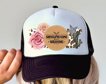 trucker hat bar faux patch png, come with a warning roses cactus star cow print PNG file, digital download for trucker hat sublimation dtf