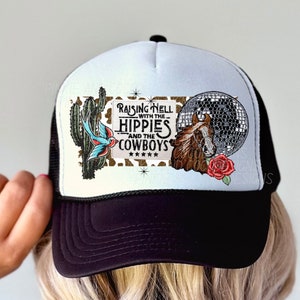 Beige Trucker Hat “Raising Hell With The Hippies & The Cowboys” Raising Hell With the Hippies and Cowboys Hat - Etsy main image 3