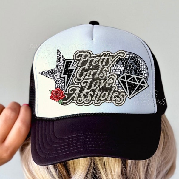 pretty girls faux embroidery diamond lightening disco ball patch resizable hat PNG file, digital download for trucker hat sublimation dtf