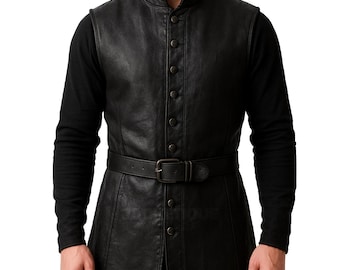 Chaleco largo de cuero medieval negro para hombre, hecho a mano, de cuero pirata, para disfraz renacentista, estilo vintage.