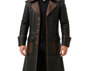 Gabardina gótica de cuero negro para hombre, estilo pirata, hecha a mano, para Halloween, estilo vintage, estilo steampunk, ideal como regalo.