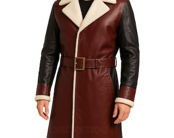 Gabardina navideña de piel de oveja roja y negra para hombre, hecha a mano, para cosplay, abrigo largo de invierno, disfraz steampunk rojo.