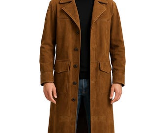 Abrigo largo de ante marrón para hombre, hecho a mano / estilo vintage.