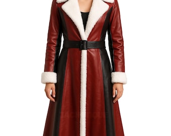 Gabardina de piel sintética roja y negra para mujer, hecha a mano, para disfraz de cosplay navideño o para invierno.