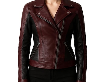 Women’s Burgundy and Black Leather Jacket Handmade | Burgundy Gothic Moto Biker Style Leather Jacket | Fashion Leather Jacket Women | Gifts