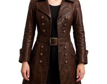 Gabardina de cuero marrón estilo pirata gótico para mujer, hecha a mano / Disfraz gótico / Abrigo de capitán pirata marrón / Disfraz de Halloween