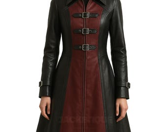 Gabardina de cuero estilo steampunk para mujer, color negro y burdeos, hecha a mano, abrigo largo de cuero gótico, abrigo de cosplay de Halloween, regalo para ella.