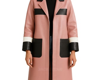 Gabardina larga rosa de piel sintética para mujer, hecha a mano / Abrigo de otoño/invierno / Estilo steampunk