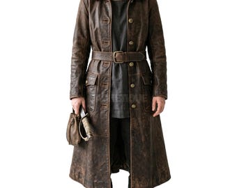 Abrigo largo de piel auténtica marrón envejecida para mujer, estilo pirata, hecho a mano / abrigo con cinturón de estilo vintage