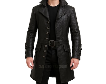 Gabardina pirata de cuero auténtico negra para hombre, hecha a mano, para cosplay, regalo para él.