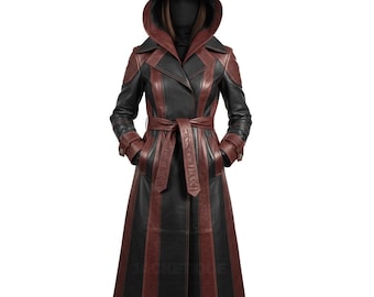 Gabardina larga de cuero gótica con capucha para mujer, color negro y burdeos, hecha a mano/disfraz de fantasía para cosplay