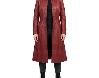 Gabardina minimalista roja de piel auténtica para mujer, hecha a mano / Abrigo de moda de otoño