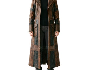 Abrigo largo de cuero estilo gabardina gótica marrón y negro desgastado para mujer / Steampunk Cosplay