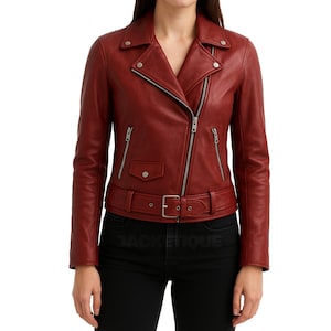 Womens Red Leather Biker Jacket Handmade | Fashion Leather Jacket Women | Red Leather Motorcycle Jacket | Gifts For Her