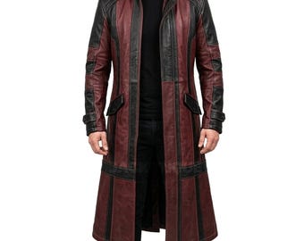 Abrigo largo tipo gabardina gótica de cuero burdeos y negro para hombre, hecho a mano / Abrigo para cosplay de Halloween