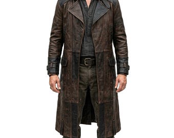 Gabardina gótica de cuero marrón desgastado estilo vintage para hombre, hecha a mano / Disfraz de cosplay para Halloween