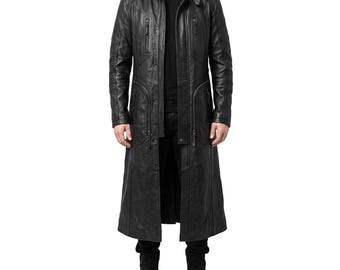 Abrigo largo gótico de cuero negro para hombre, estilo gabardina, hecho a mano / Abrigo de disfraz steampunk para Halloween