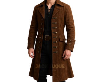 Gabardina de piel de ante marrón para hombre, hecha a mano, para cosplay de pirata / Abrigo de disfraz de pirata / Abrigo pirata marrón para hombre / Regalos para él