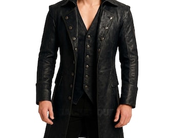 Gabardina pirata de cuero negro gótico estilo victoriano para hombre, hecha a mano, para Halloween
