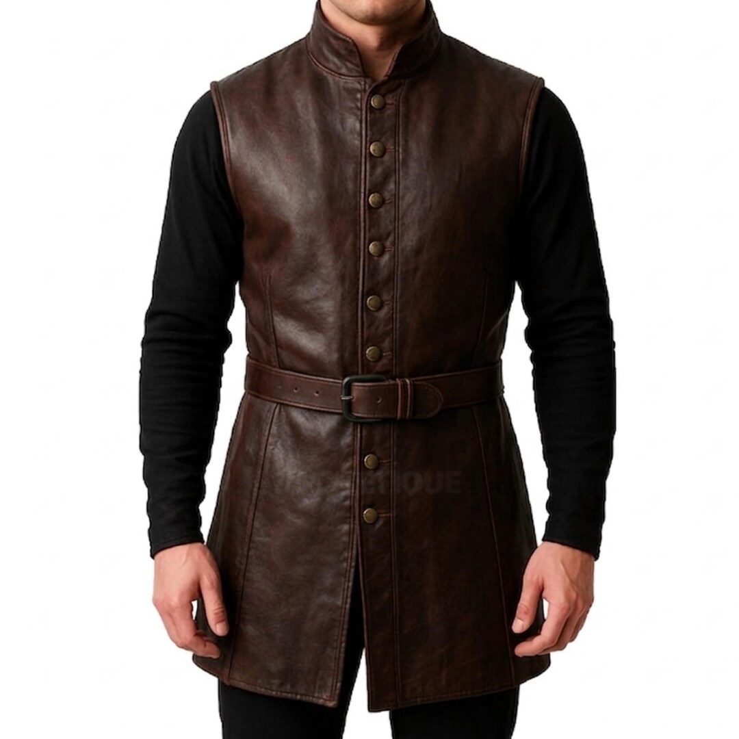 Mens Medieval Style Belted Brown Long Leather Vest Handmade ...
