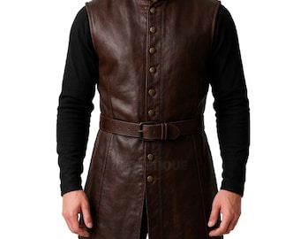 Chaleco largo de cuero marrón con cinturón estilo medieval para hombre, hecho a mano / Disfraz de cosplay renacentista