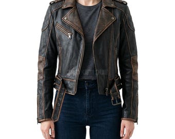 Chaqueta de moto de cuero acolchada estilo vintage para mujer, hecha a mano / Chaqueta motera para mujer