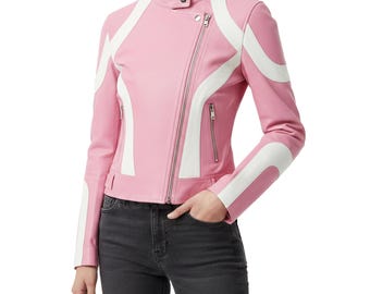 Womens Pink and White Biker Style Faux Leather Jacket Handmade | Motorcycle jacket