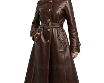 Gabardina de cuero marrón con cuello alto estilo vintage para mujer, hecha a mano/disfraz de cosplay de fantasía