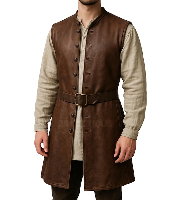 Mens Brown Renaissance Long Leather Vest Handmade | Brown Medieval Cosplay Leather Vest | Pirate Leather Costume Vest | Mens Fantasy Outfit