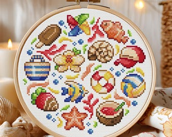 Cute & Shiny Summer Beach Illustrations Circular Cross Stitch Pattern: Kawaii Seaside holidays (PDF Pattern + Pattern Keeper PDF )