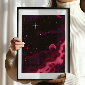 Shining Ruby Galaxy Cross Stitch Pattern: Deep space black and red Celestial sky (PDF Pattern + Pattern Keeper file)